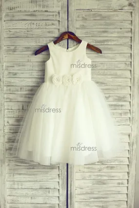 Ivory Satin Tulle Flower Girl Dress Baby Girl Dress, Flowers Sash