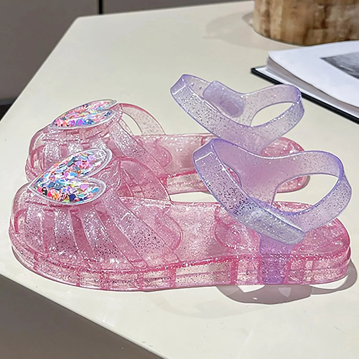 Jelly Shoes for Girls Kids Toddler Sequins Heart Princess Dress Up Flat Birthday Party Mary Jane Shoes Casual Sandal
