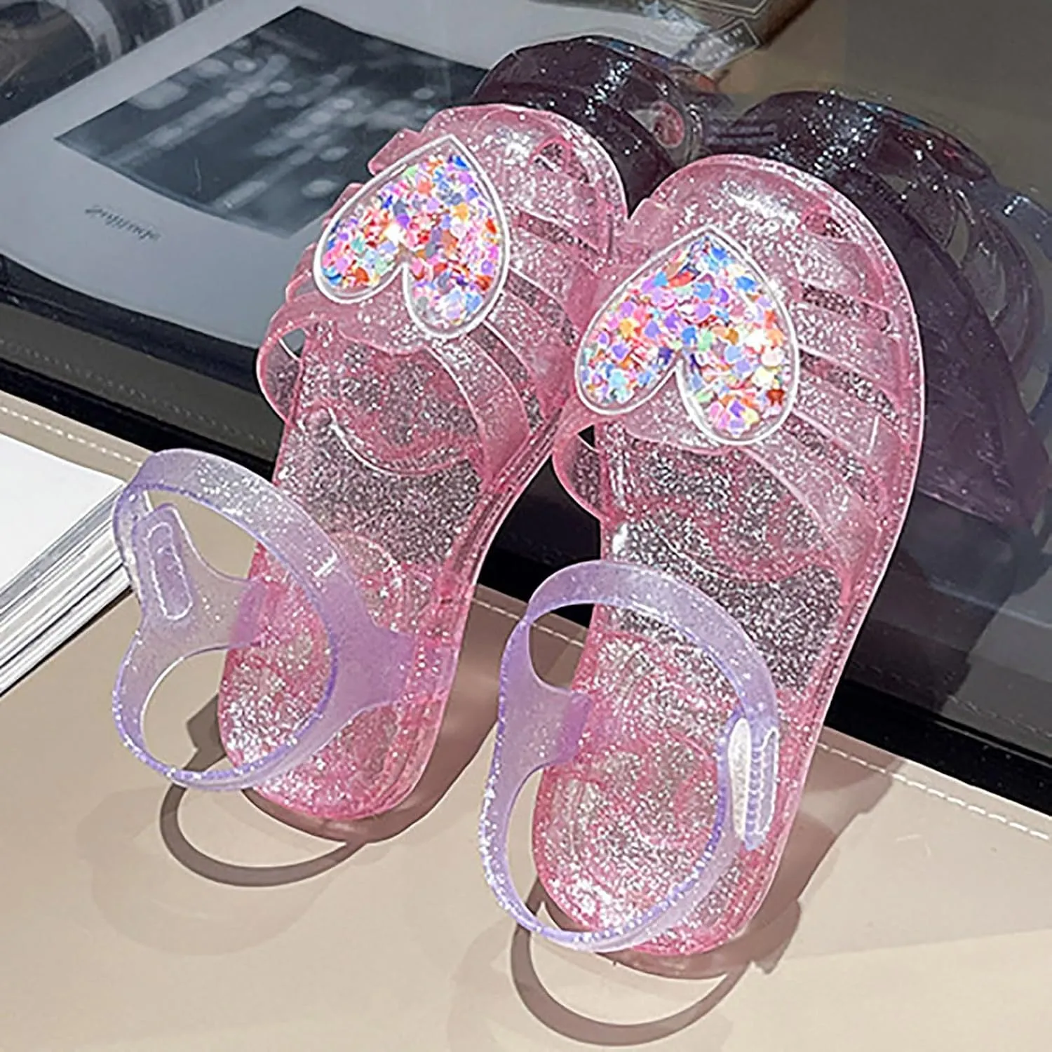 Jelly Shoes for Girls Kids Toddler Sequins Heart Princess Dress Up Flat Birthday Party Mary Jane Shoes Casual Sandal