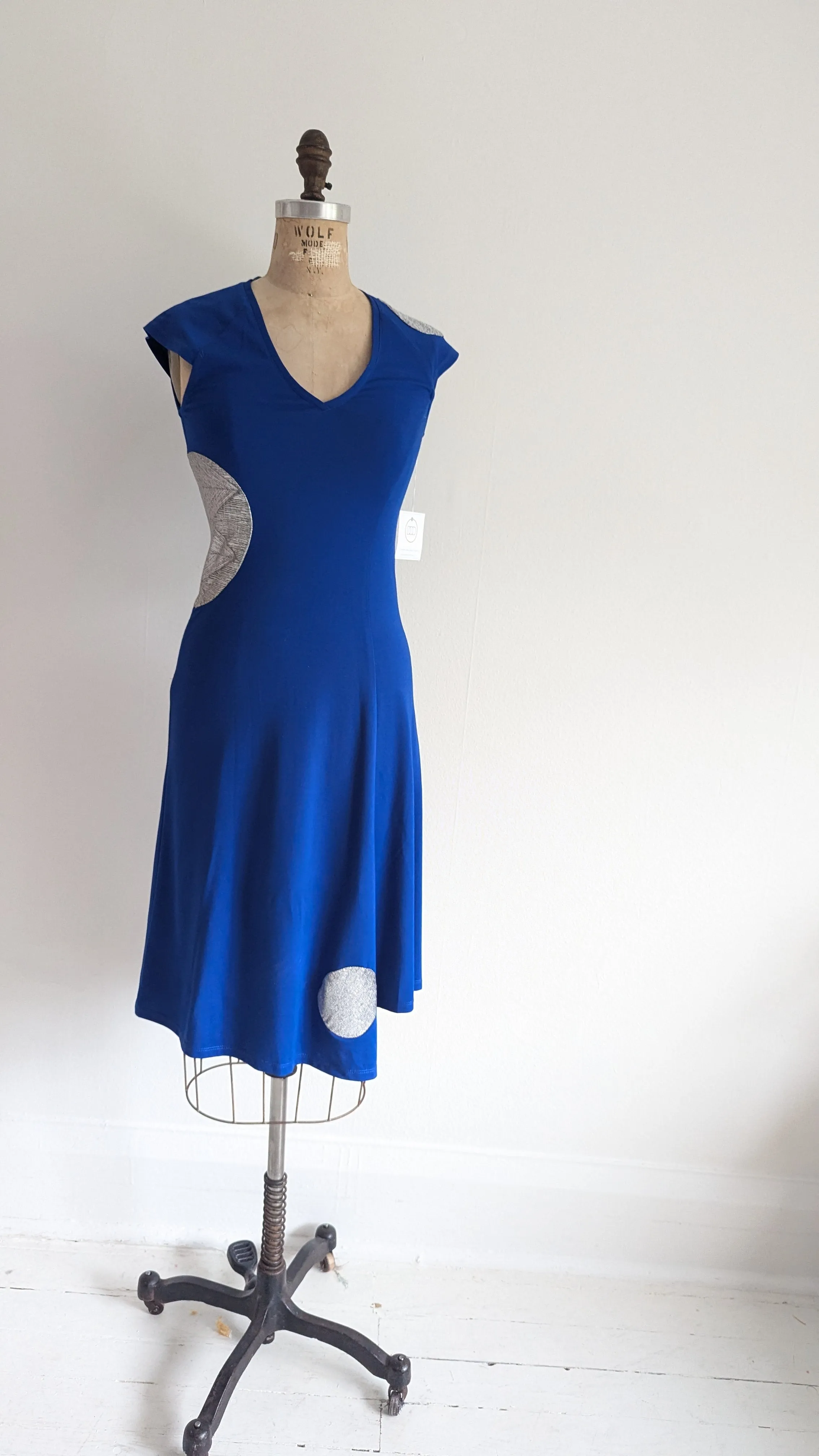Jolie Jersey Dress Upcycled with Inset Silver Circles ~ Cobalt Size XS/S #JOL1