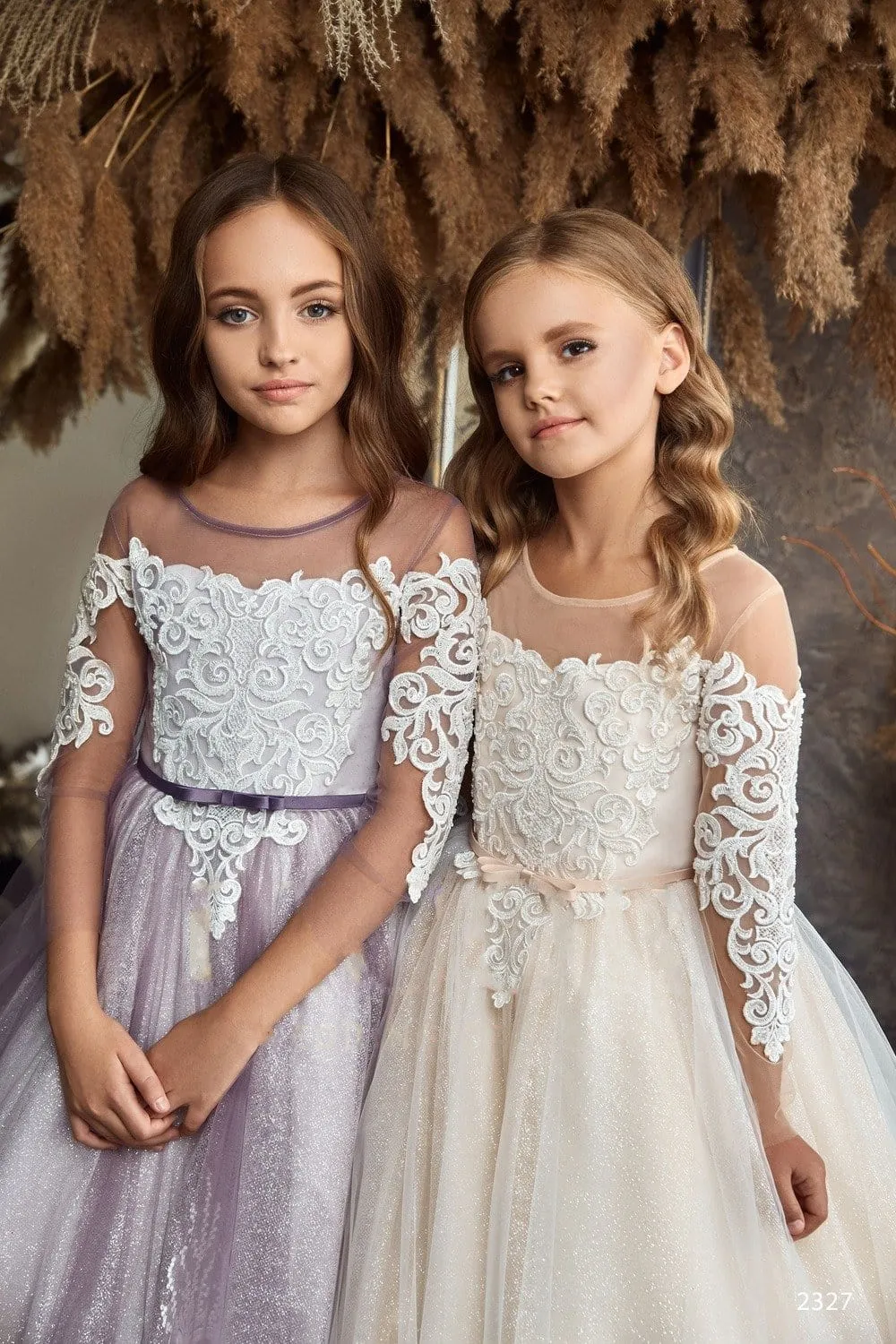 L2327 Mauve Flower Girl Dress with Sleeves