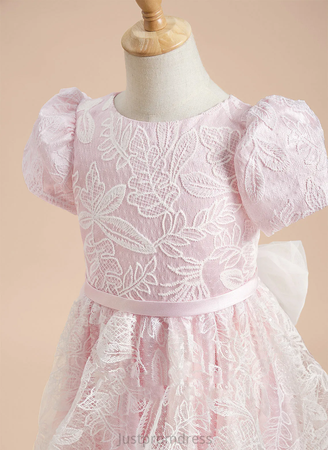 Leyla Short Girl Dress With Neck A-Line Sleeves Scoop Satin/Tulle Knee-length Lace/Sequins/Bow(s) Flower Girl Dresses Flower -