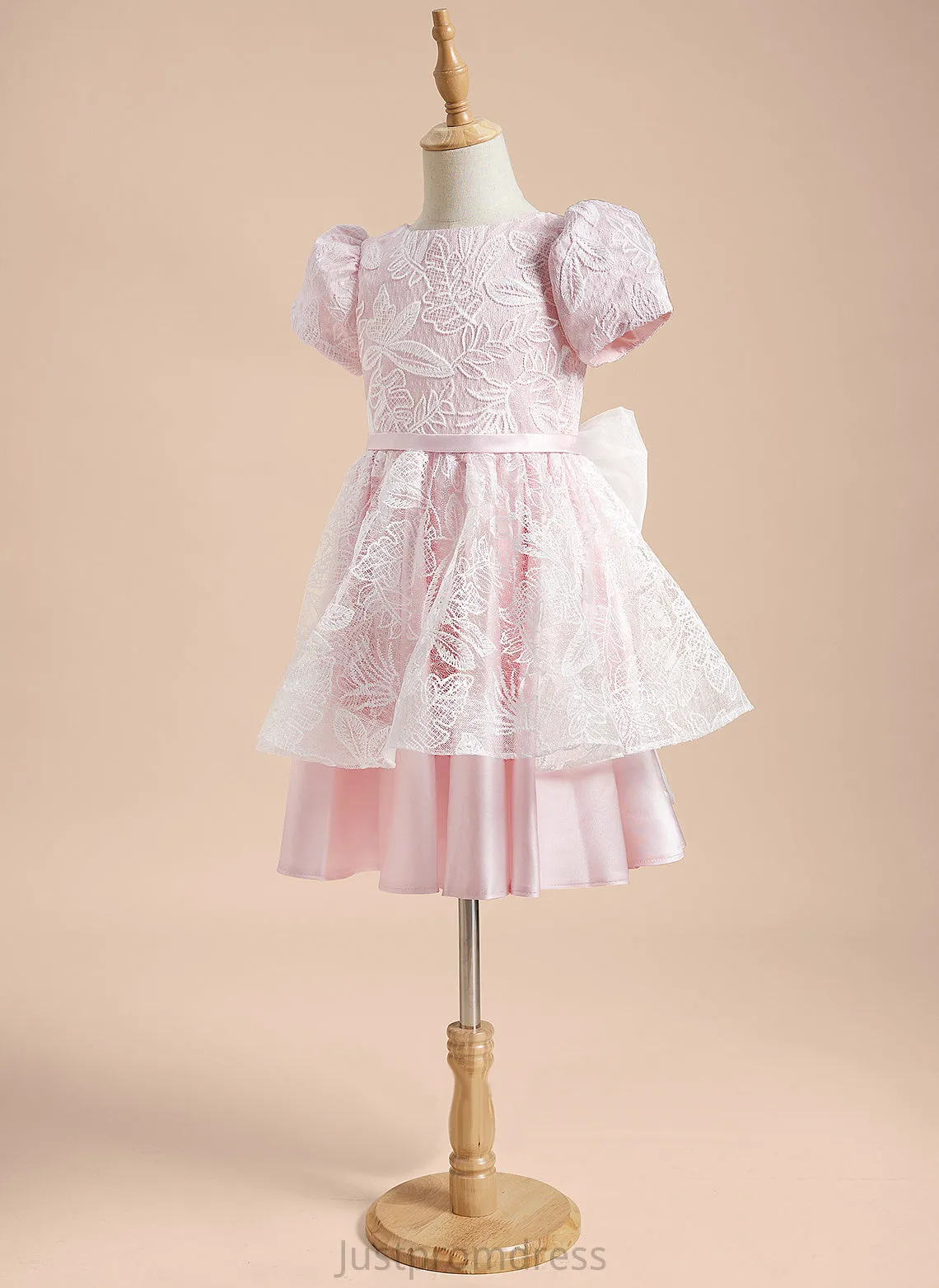 Leyla Short Girl Dress With Neck A-Line Sleeves Scoop Satin/Tulle Knee-length Lace/Sequins/Bow(s) Flower Girl Dresses Flower -