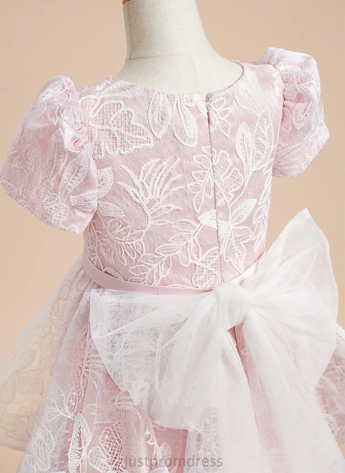 Leyla Short Girl Dress With Neck A-Line Sleeves Scoop Satin/Tulle Knee-length Lace/Sequins/Bow(s) Flower Girl Dresses Flower -
