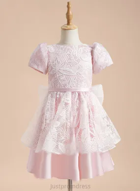 Leyla Short Girl Dress With Neck A-Line Sleeves Scoop Satin/Tulle Knee-length Lace/Sequins/Bow(s) Flower Girl Dresses Flower -