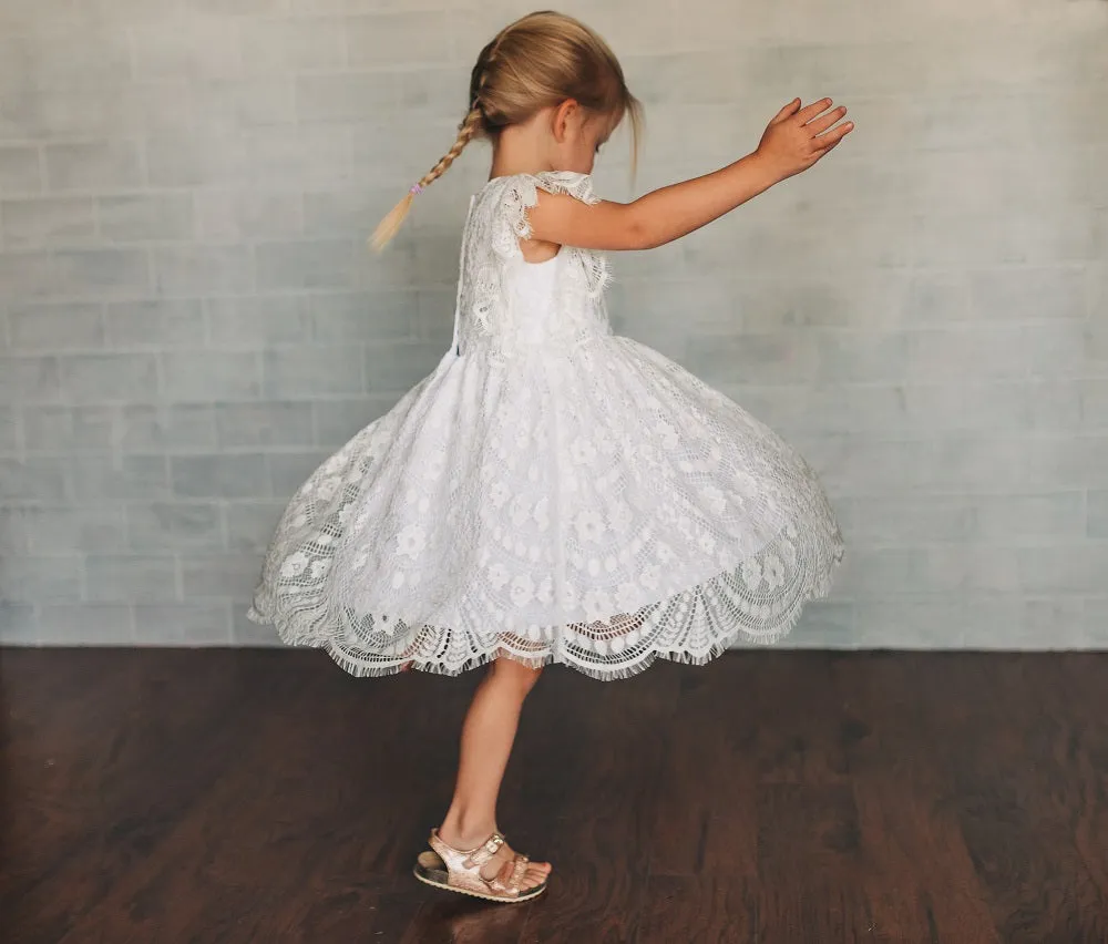 Little Girl's Ivory Floral Chantilly Lace Scalloped Hem Special Occasion Dress