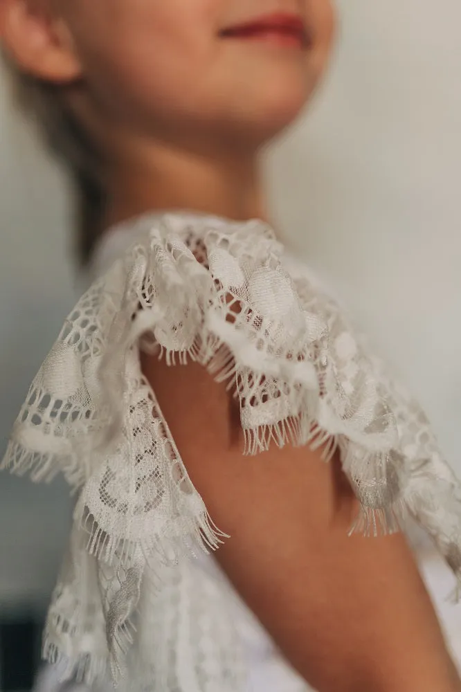 Little Girl's Ivory Floral Chantilly Lace Scalloped Hem Special Occasion Dress
