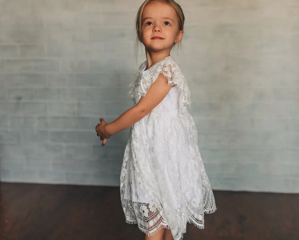 Little Girl's Ivory Floral Chantilly Lace Scalloped Hem Special Occasion Dress