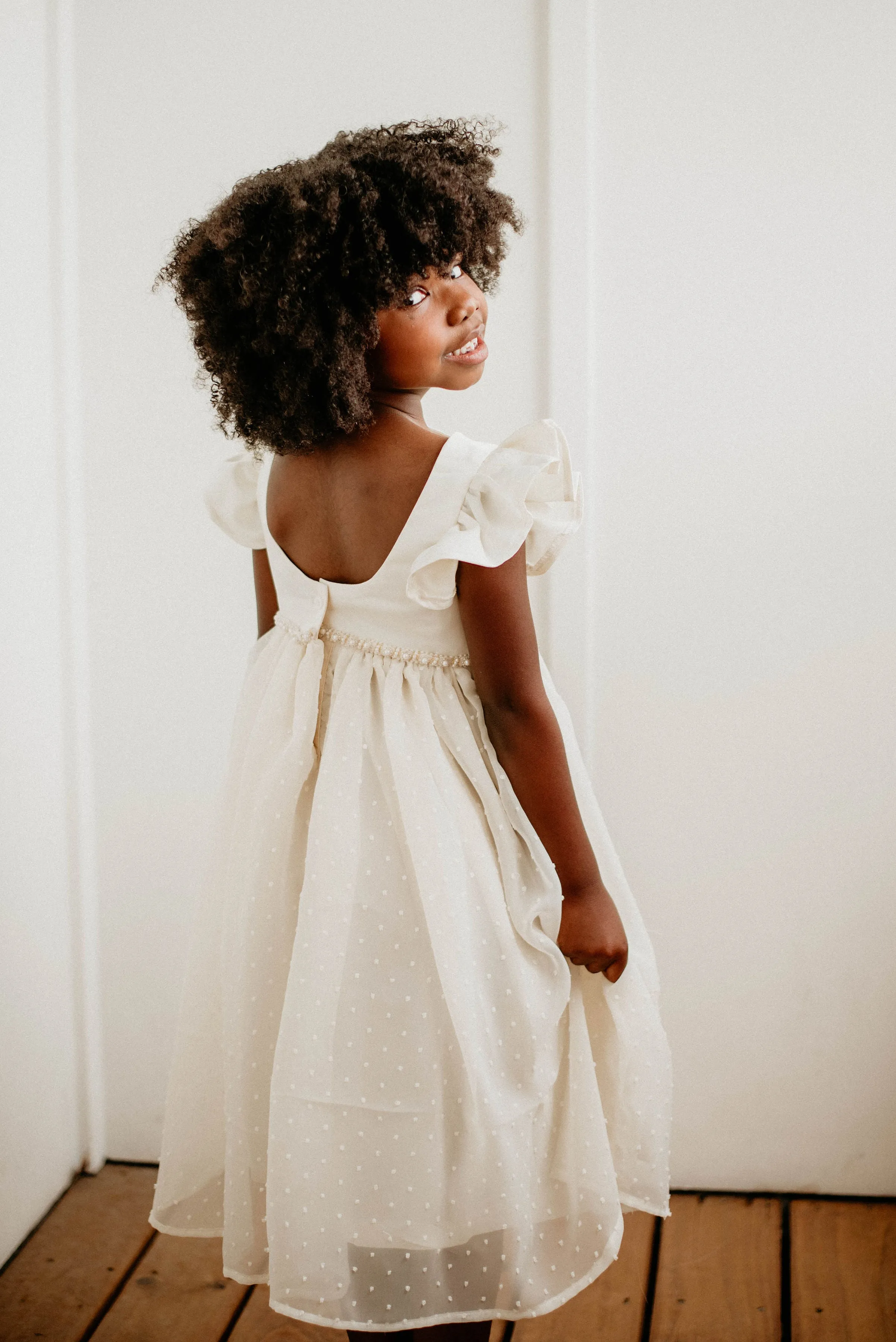 Little Girl's Ivory Swiss Dot Tulle Flower Girl Dress with Rhinestone Belt