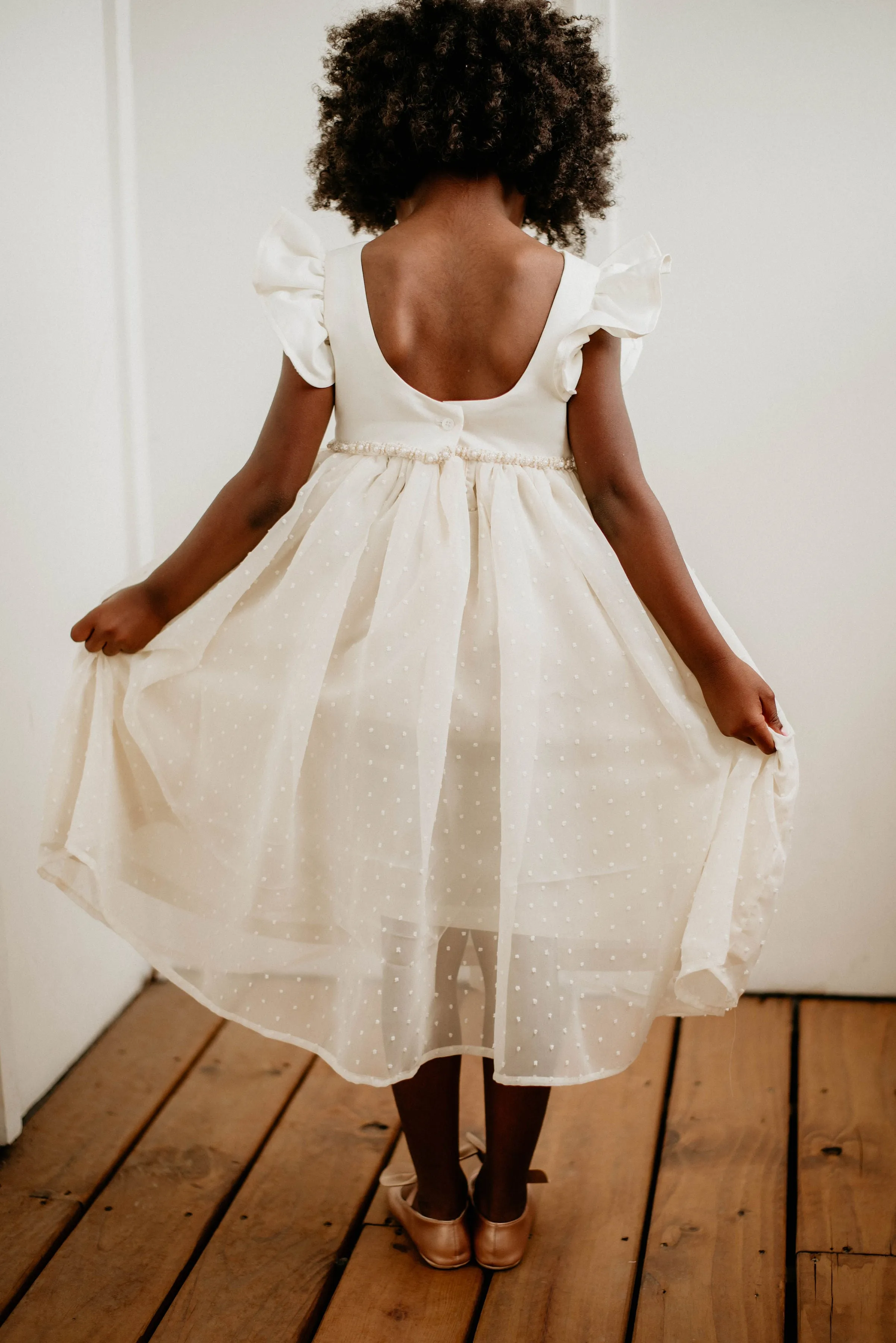 Little Girl's Ivory Swiss Dot Tulle Flower Girl Dress with Rhinestone Belt