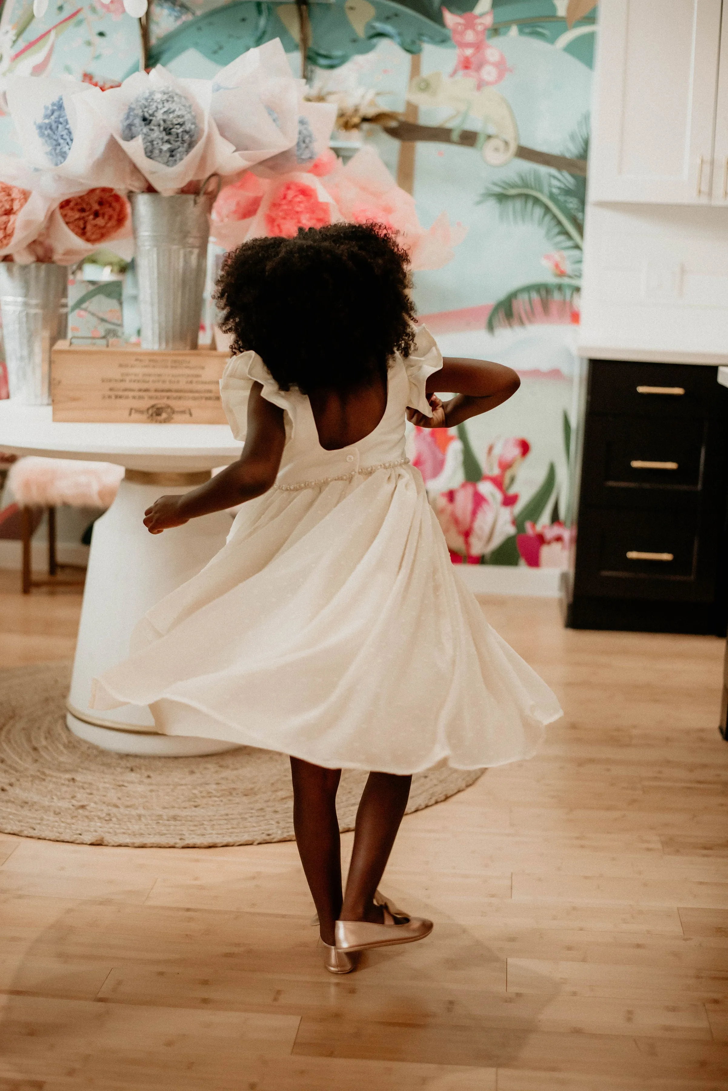Little Girl's Ivory Swiss Dot Tulle Flower Girl Dress with Rhinestone Belt