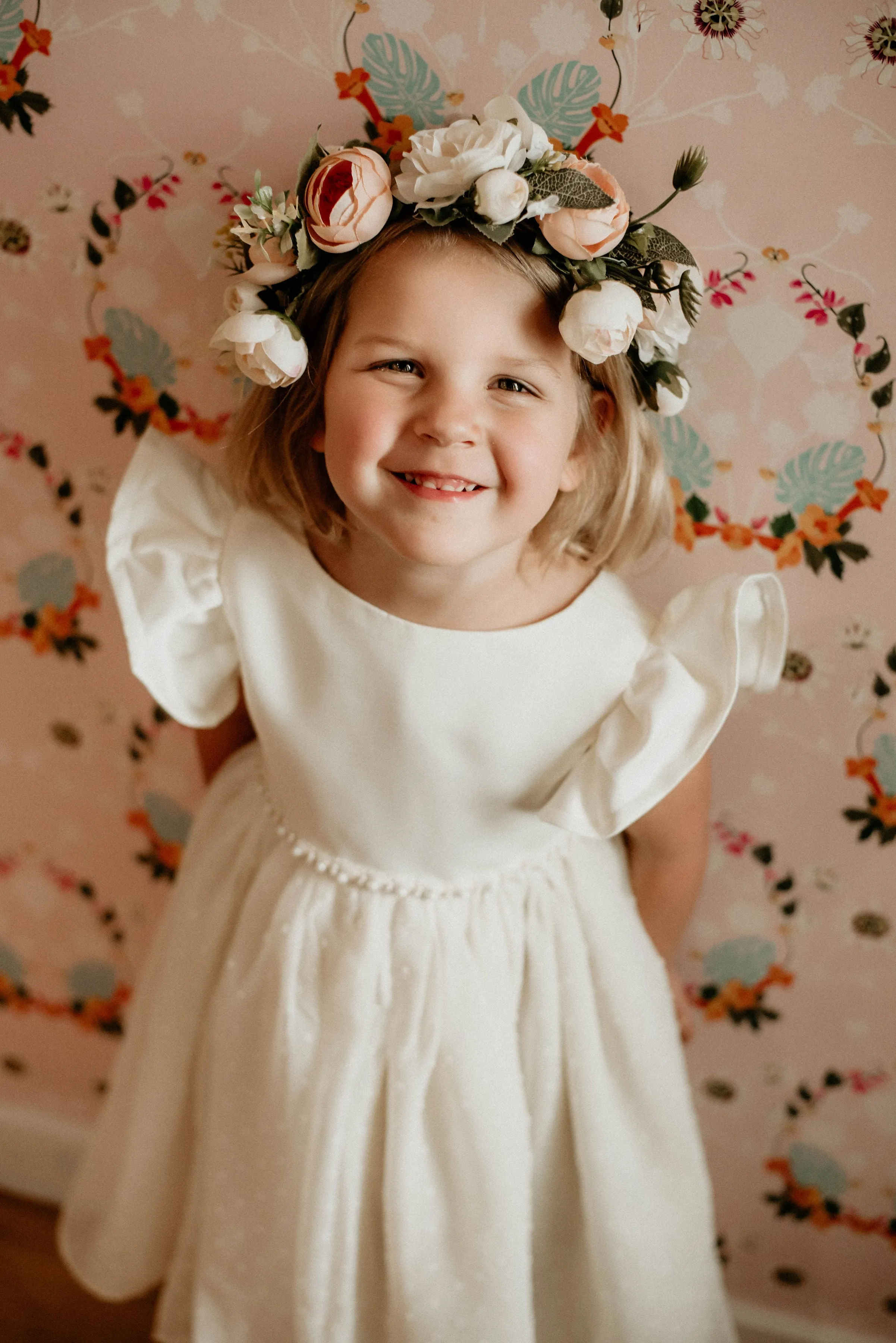 Little Girl's Ivory Swiss Dot Tulle Flower Girl Dress with Rhinestone Belt