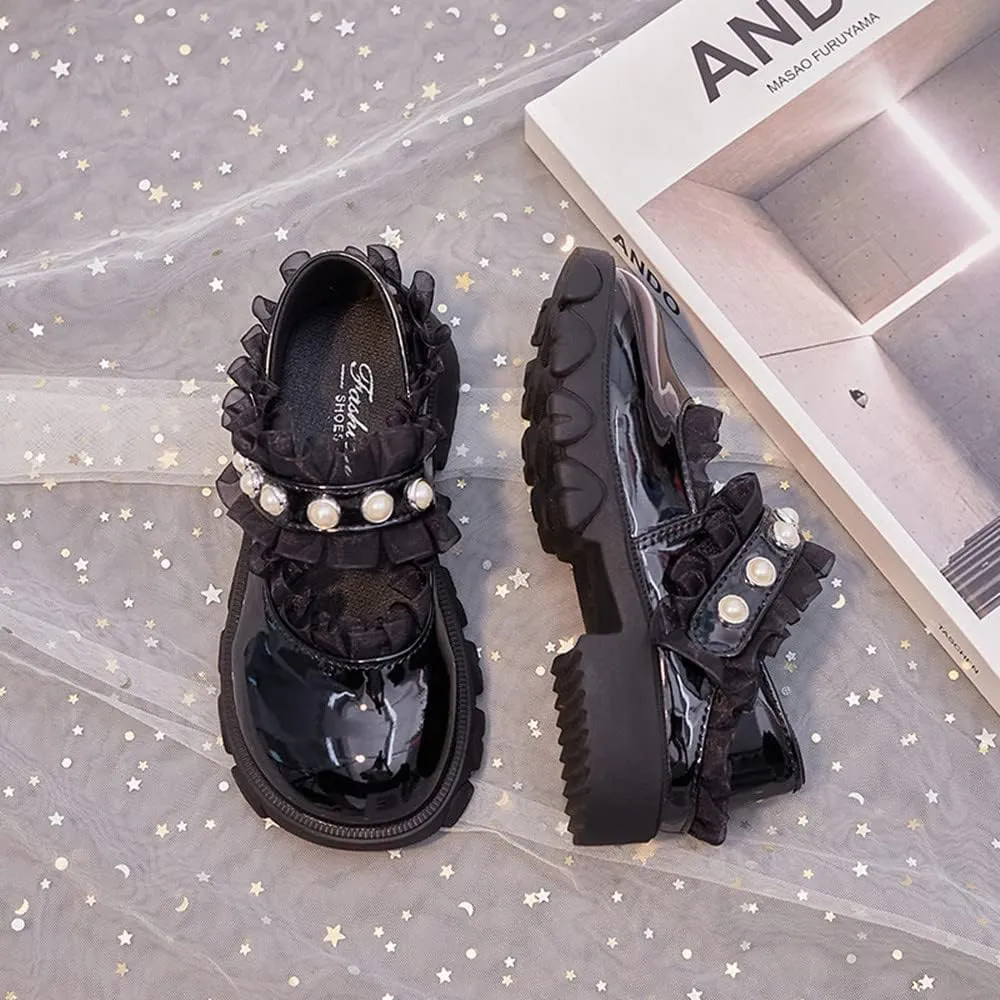 Little Girls Patent Leather Dress Shoes Mary Jane Flats Princess Flower Shoes Ballet Flats Black White Party School Wedding Shoes