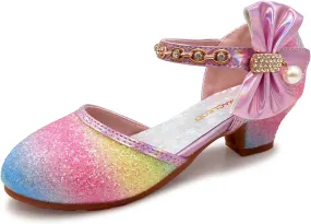 Mei MACLEOD Girls Dress Shoes Low Heel Princess Heels Sparkly with Pearl Bowknot for Wedding Party