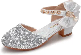 Mei MACLEOD Girls Dress Shoes Low Heel Princess Heels Sparkly with Pearl Bowknot for Wedding Party