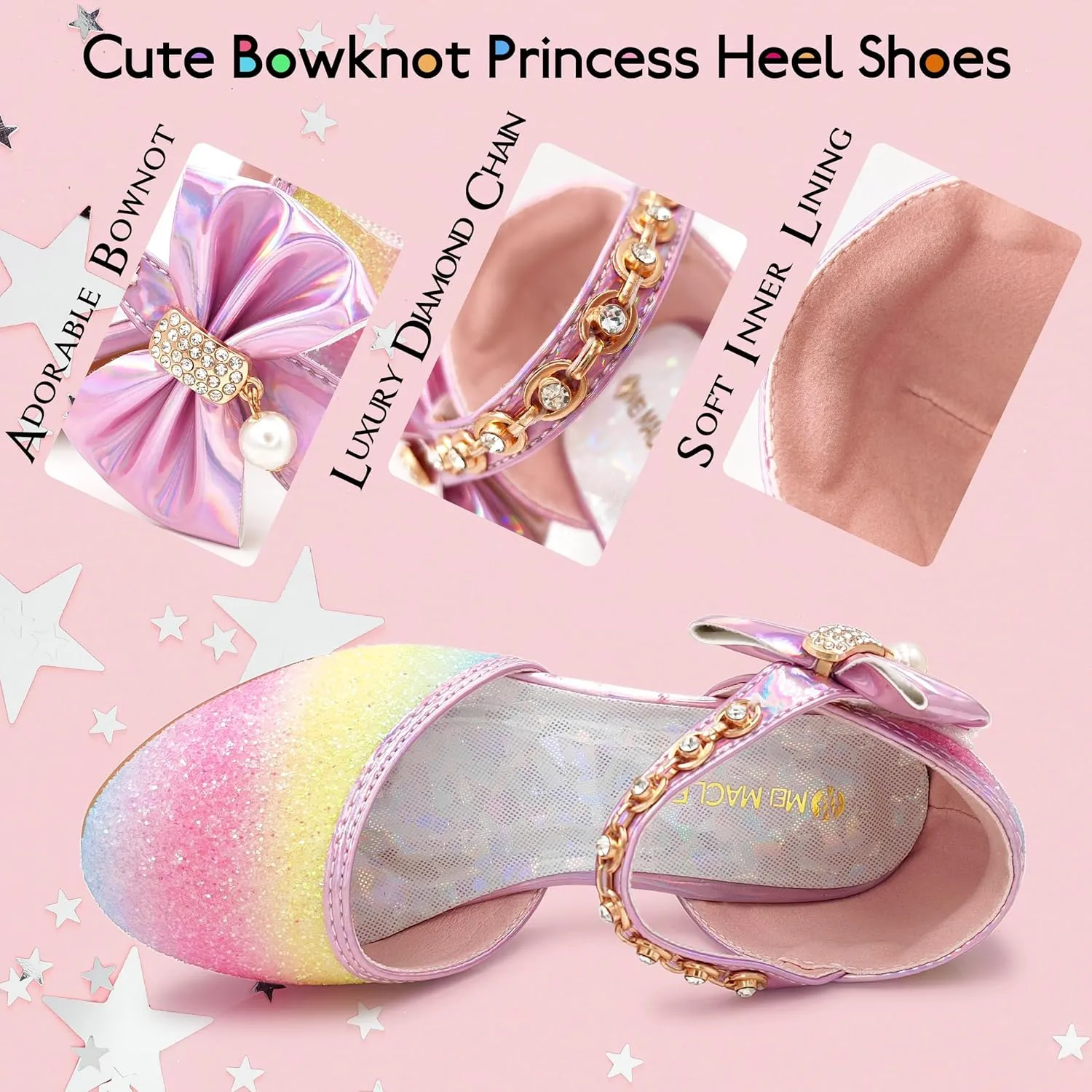 Mei MACLEOD Girls Dress Shoes Low Heel Princess Heels Sparkly with Pearl Bowknot for Wedding Party