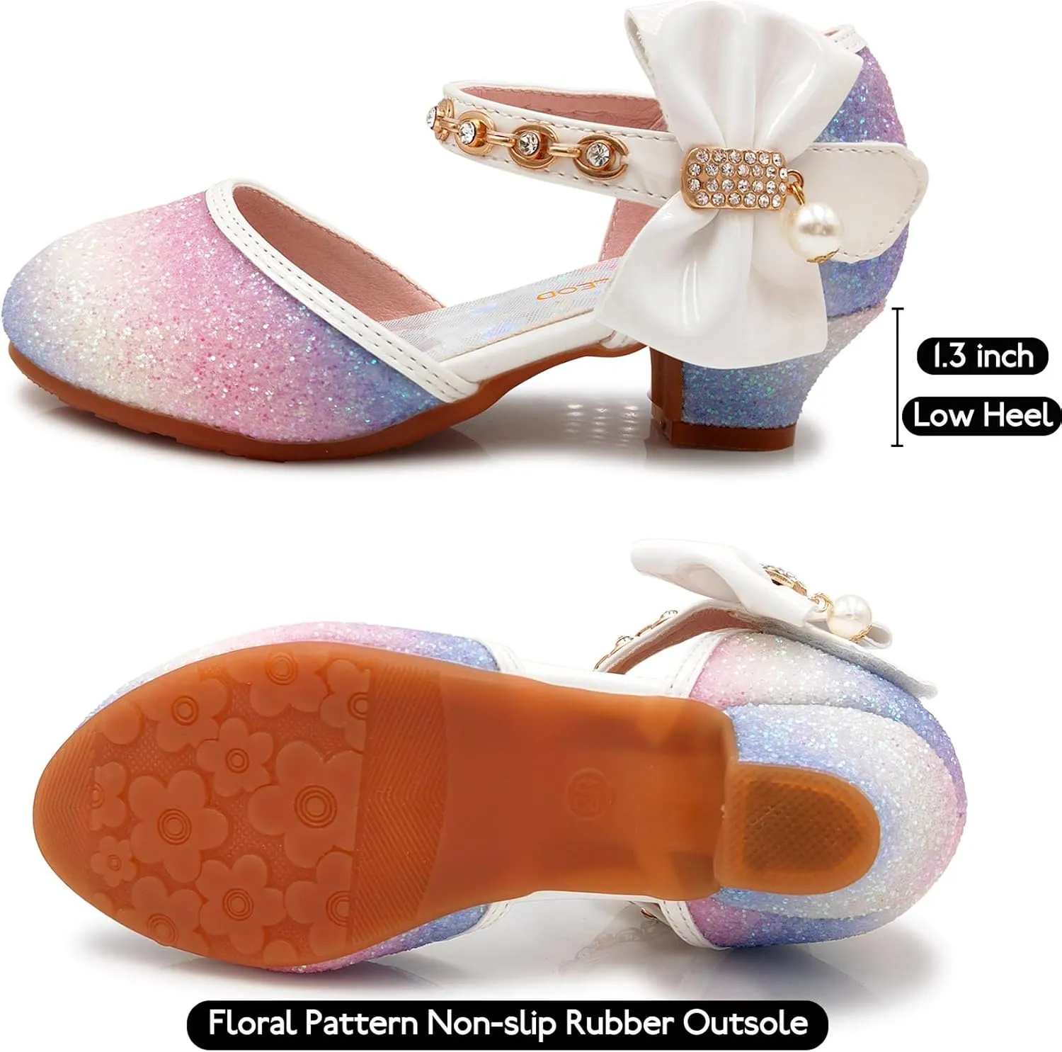Mei MACLEOD Girls Dress Shoes Low Heel Princess Heels Sparkly with Pearl Bowknot for Wedding Party