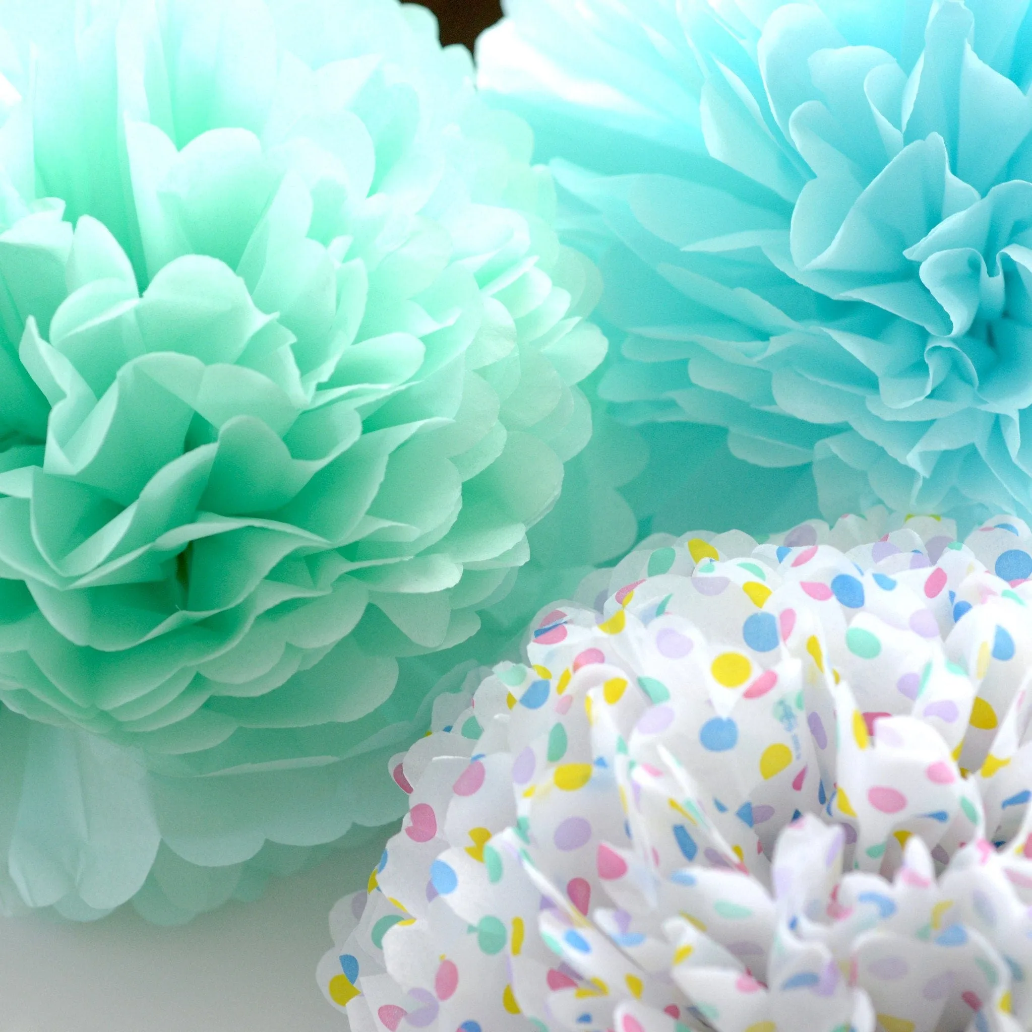 Mint tissue paper pom poms