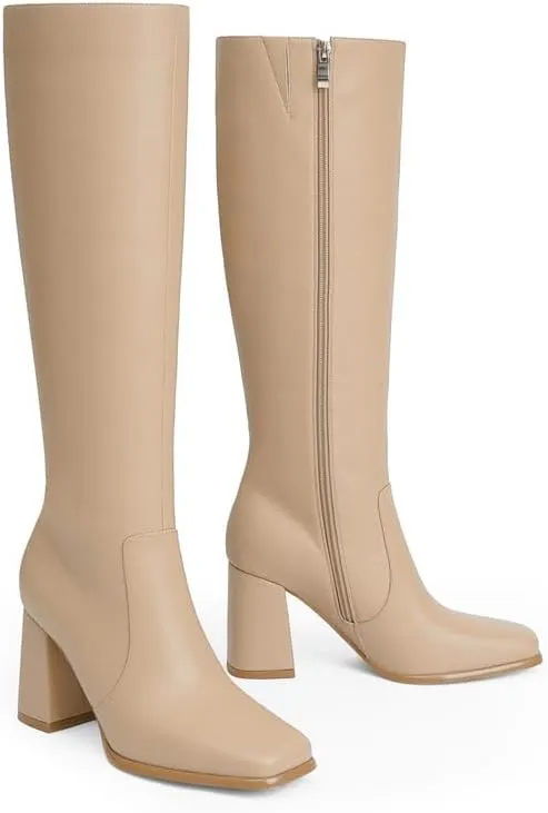 Modatope Knee High Boots Women Chunky Heel Square Toe Tall Boots for Women High Heel Side Zipper Long Boots