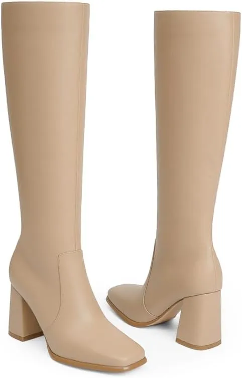 Modatope Knee High Boots Women Chunky Heel Square Toe Tall Boots for Women High Heel Side Zipper Long Boots