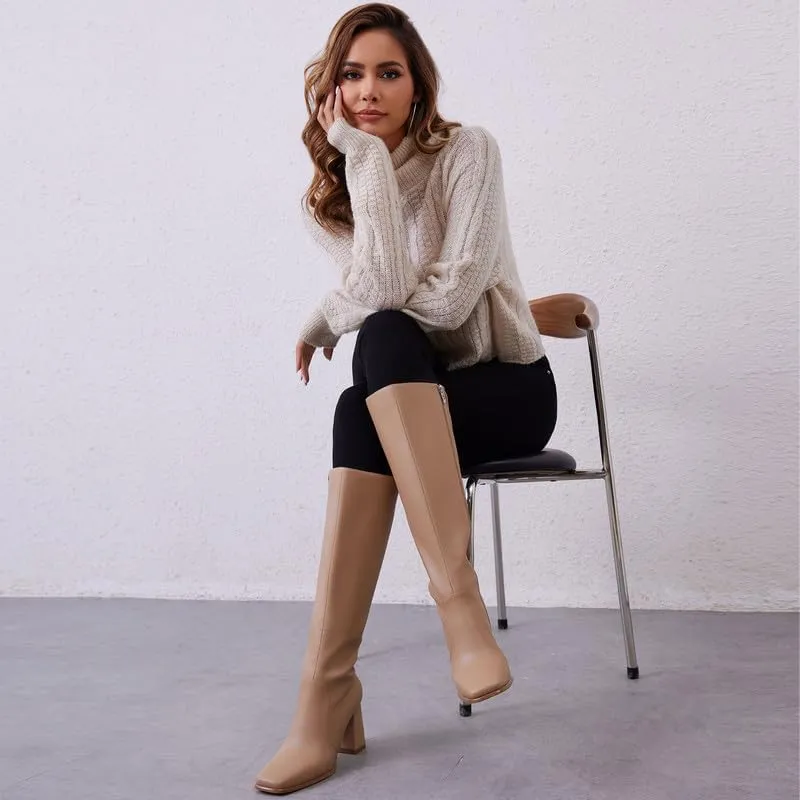 Modatope Knee High Boots Women Chunky Heel Square Toe Tall Boots for Women High Heel Side Zipper Long Boots