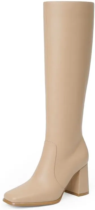 Modatope Knee High Boots Women Chunky Heel Square Toe Tall Boots for Women High Heel Side Zipper Long Boots