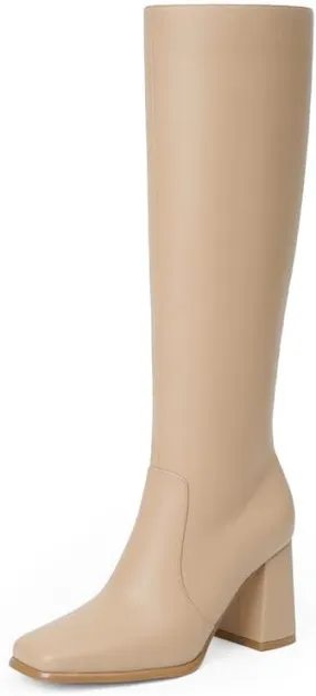 Modatope Knee High Boots Women Chunky Heel Square Toe Tall Boots for Women High Heel Side Zipper Long Boots