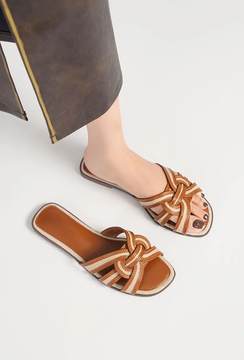MULTI STRAP CROSS OVER FLAT SLIDERS IN BEIGE