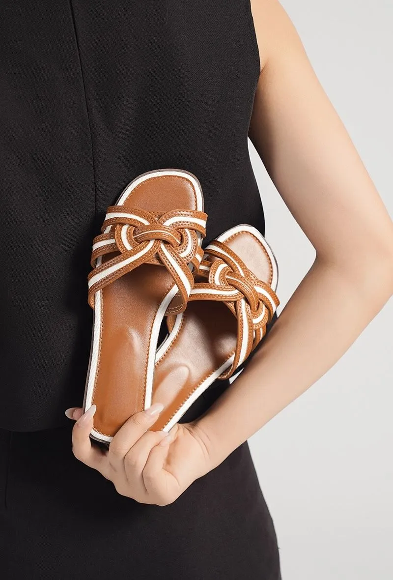 MULTI STRAP CROSS OVER FLAT SLIDERS IN WHITE