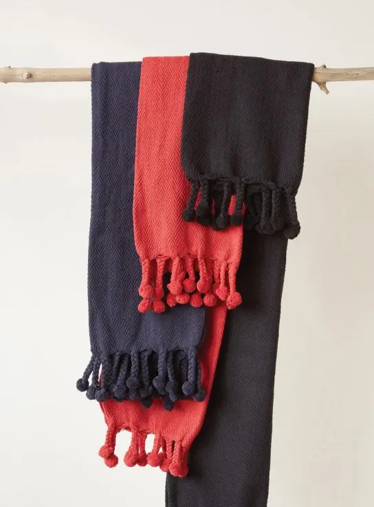 Navy Throw W/ Braided Pom Pom Tassels