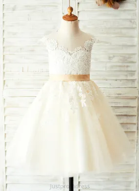 Neck Knee-length Sleeveless Flower Girl Dresses A-Line Ivy With Back Scoop Girl - Satin/Tulle/Lace Appliques/V Flower Dress