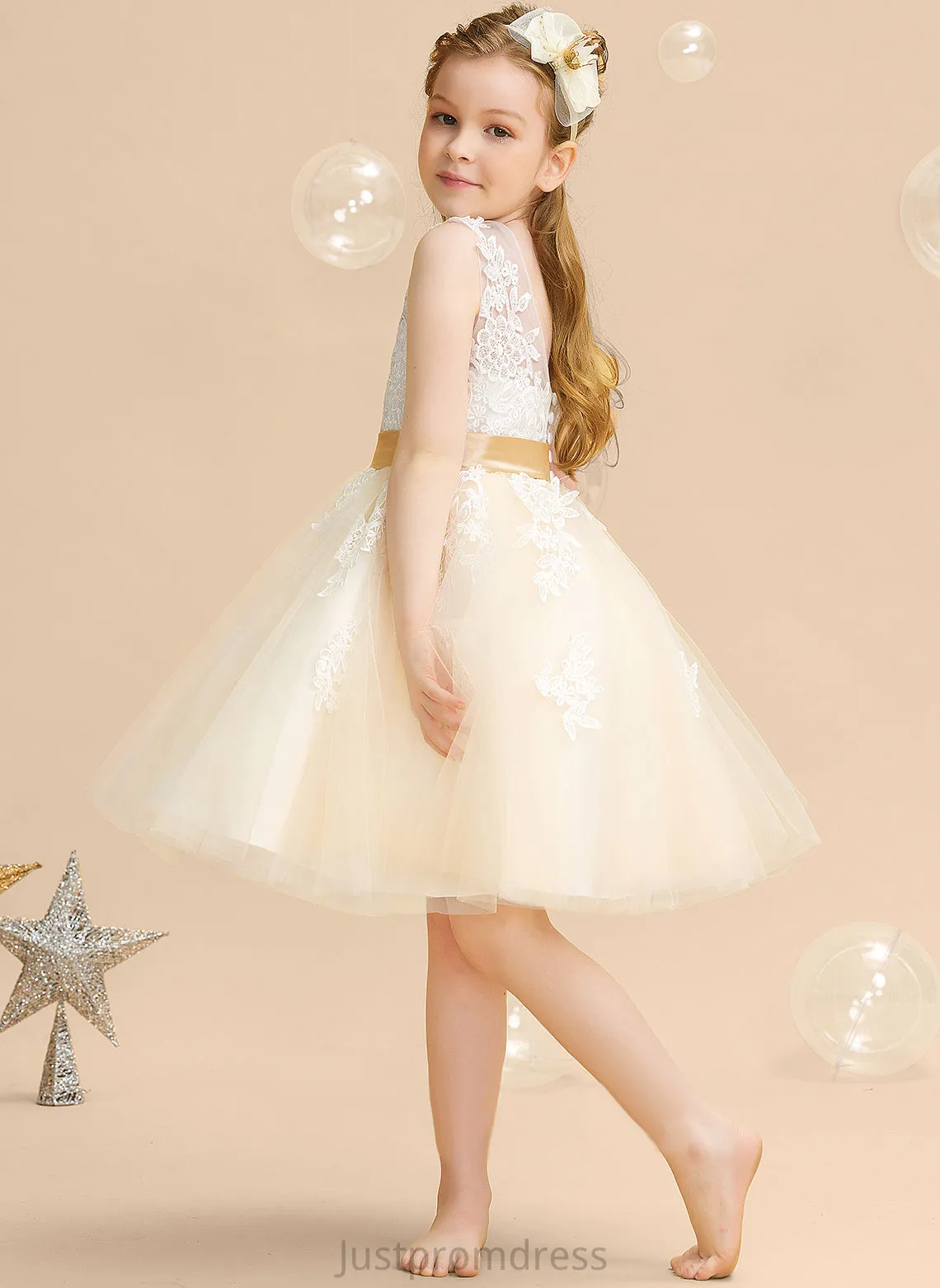 Neck Knee-length Sleeveless Flower Girl Dresses A-Line Ivy With Back Scoop Girl - Satin/Tulle/Lace Appliques/V Flower Dress