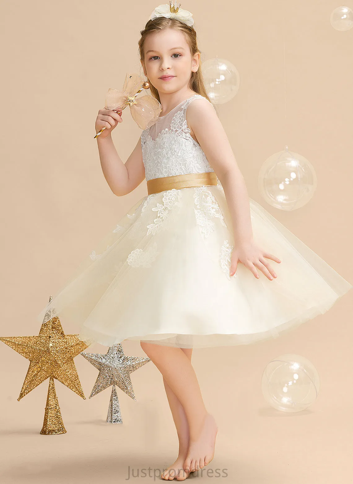 Neck Knee-length Sleeveless Flower Girl Dresses A-Line Ivy With Back Scoop Girl - Satin/Tulle/Lace Appliques/V Flower Dress