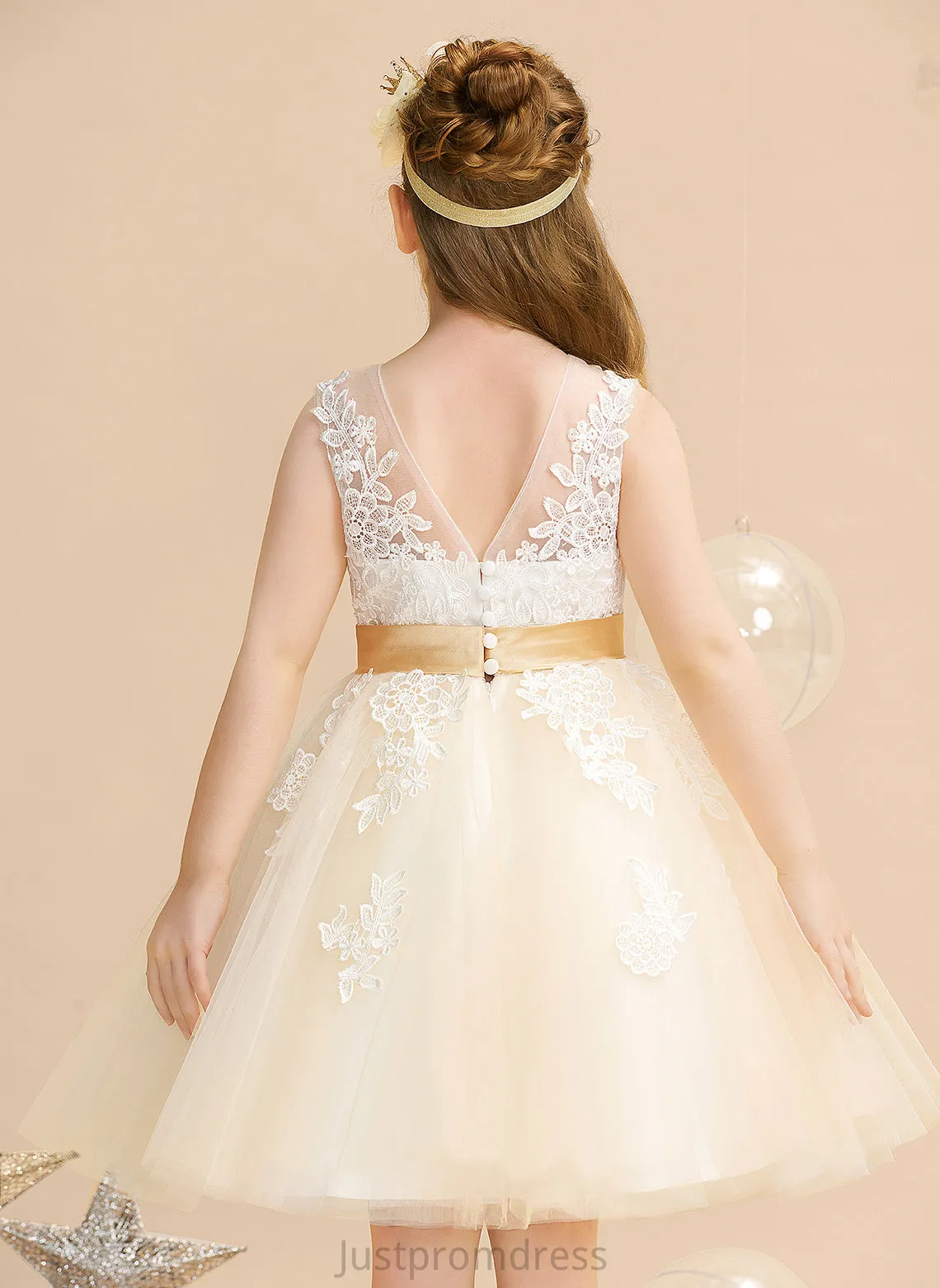 Neck Knee-length Sleeveless Flower Girl Dresses A-Line Ivy With Back Scoop Girl - Satin/Tulle/Lace Appliques/V Flower Dress