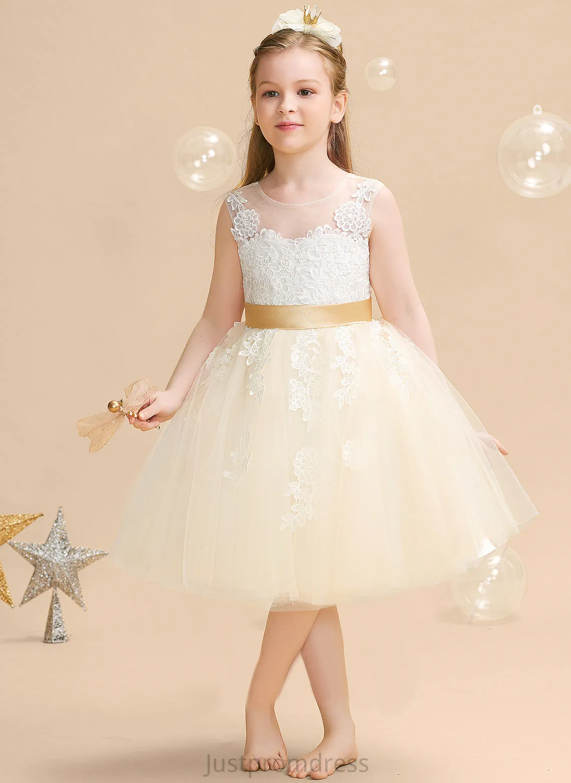 Neck Knee-length Sleeveless Flower Girl Dresses A-Line Ivy With Back Scoop Girl - Satin/Tulle/Lace Appliques/V Flower Dress