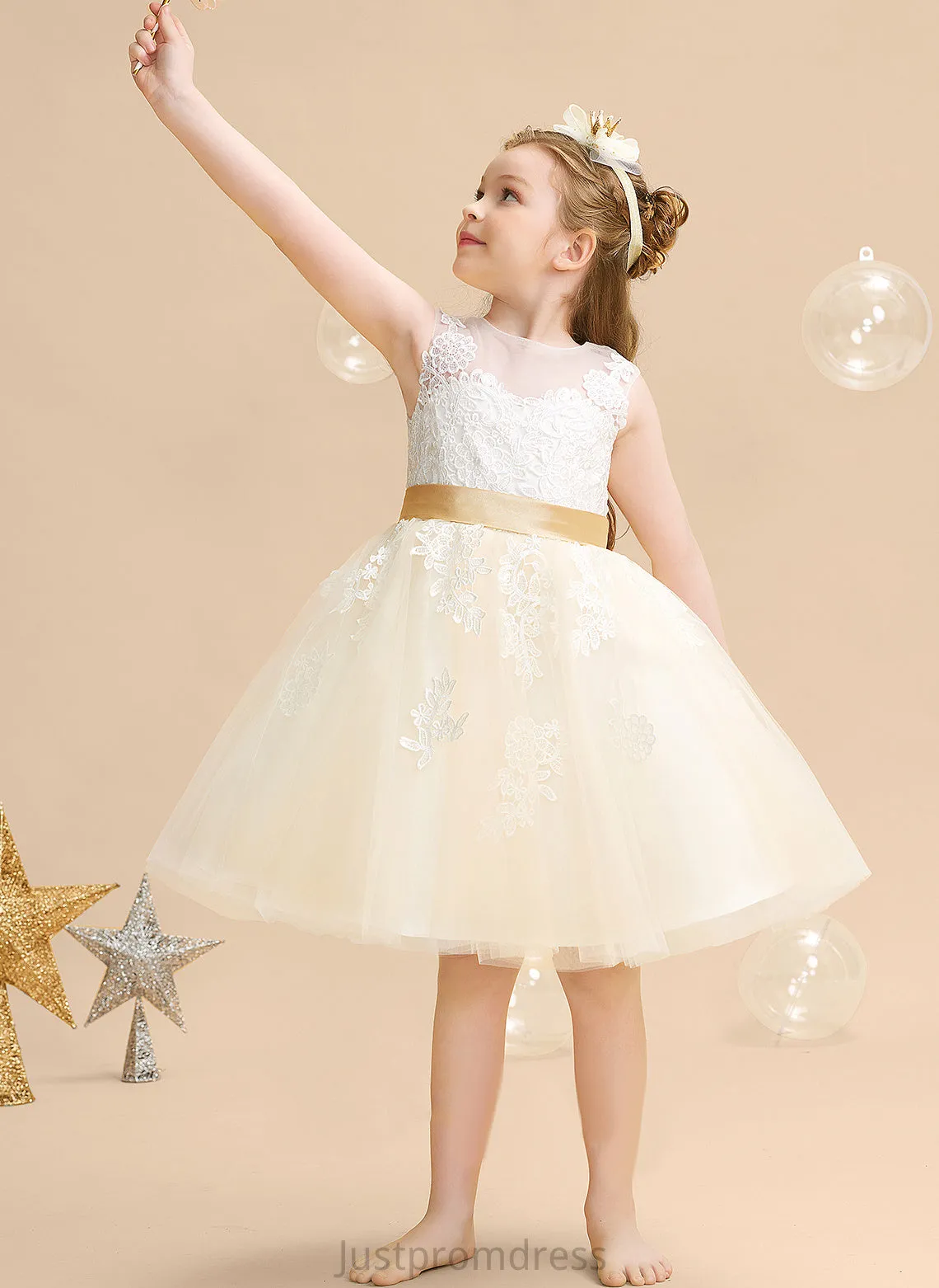 Neck Knee-length Sleeveless Flower Girl Dresses A-Line Ivy With Back Scoop Girl - Satin/Tulle/Lace Appliques/V Flower Dress