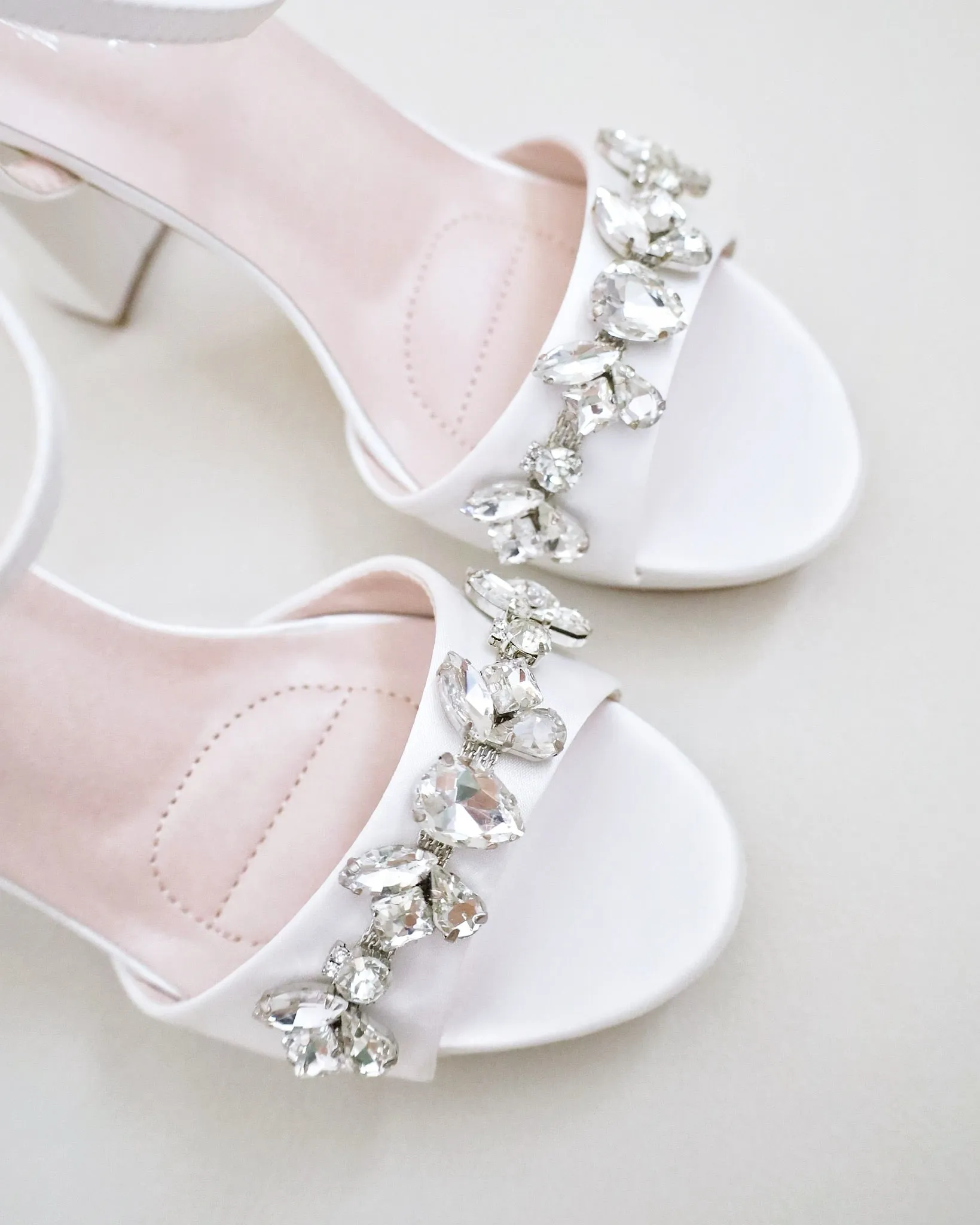 Satin Platform Block Heel Wedding Sandals with Navette Rhinestones
