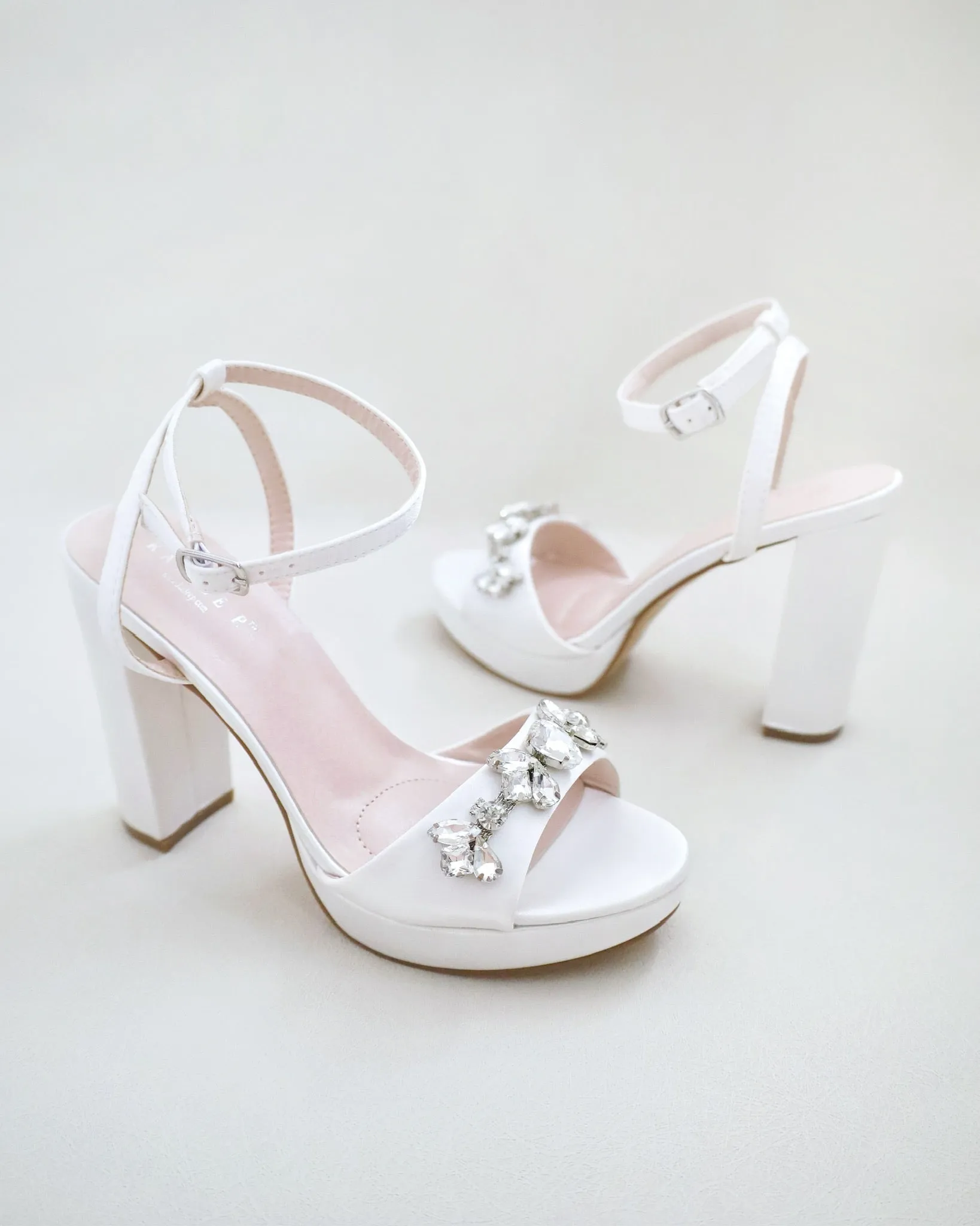 Satin Platform Block Heel Wedding Sandals with Navette Rhinestones