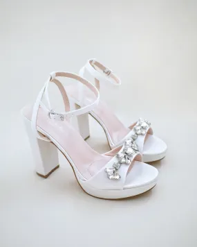 Satin Platform Block Heel Wedding Sandals with Navette Rhinestones