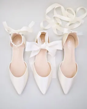 Satin Pointy Toe Bridal Flats with Ribbon Tie or Pearls Strap