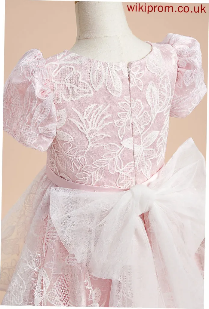 Scoop Dress Flower - Girl Sleeves Satin/Tulle With Raegan Knee-length Short Lace/Sequins/Bow(s) Flower Girl Dresses A-Line Neck
