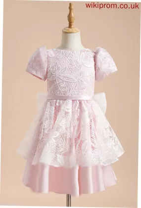 Scoop Dress Flower - Girl Sleeves Satin/Tulle With Raegan Knee-length Short Lace/Sequins/Bow(s) Flower Girl Dresses A-Line Neck