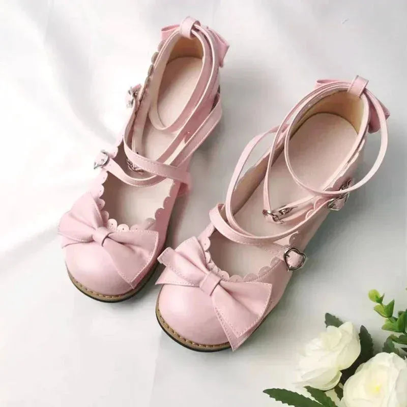 Sohiwoo Lolita Shoes Women Flats Low Round With Cross Straps Bow Cute Girls Princess Tea Party Shoes Students Lovely Shoes Size 34-41