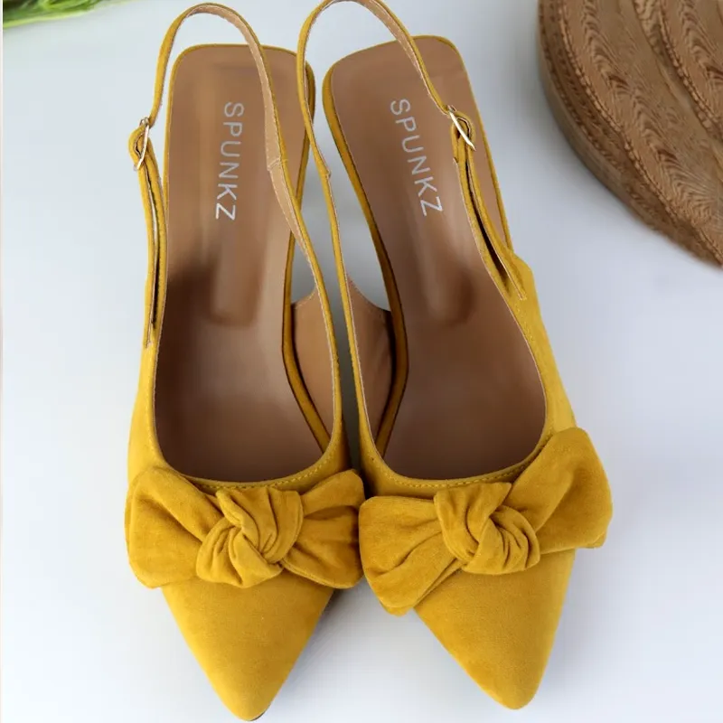 Sueded Heel Kitten Bow Slip-On Shallow Velvet Pumps