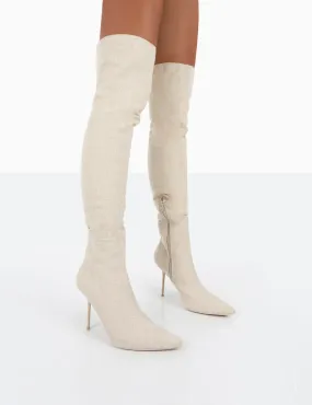 Tiana Natural Linen Pointed Toe Over The Knee Stiletto Boots