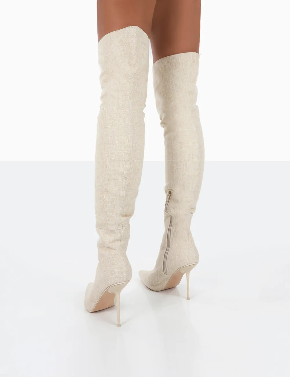 Tiana Natural Linen Pointed Toe Over The Knee Stiletto Boots