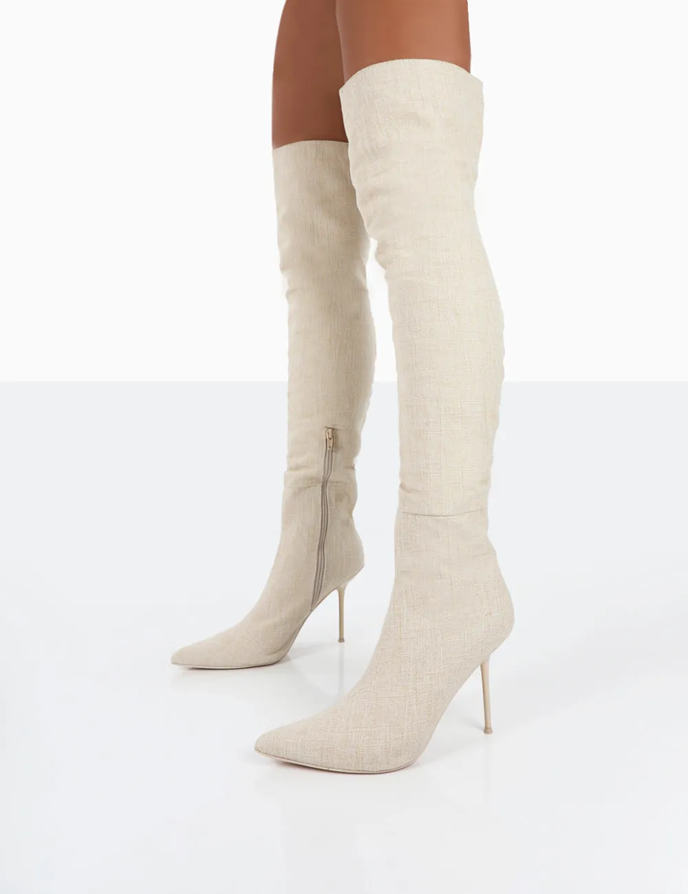 Tiana Natural Linen Pointed Toe Over The Knee Stiletto Boots