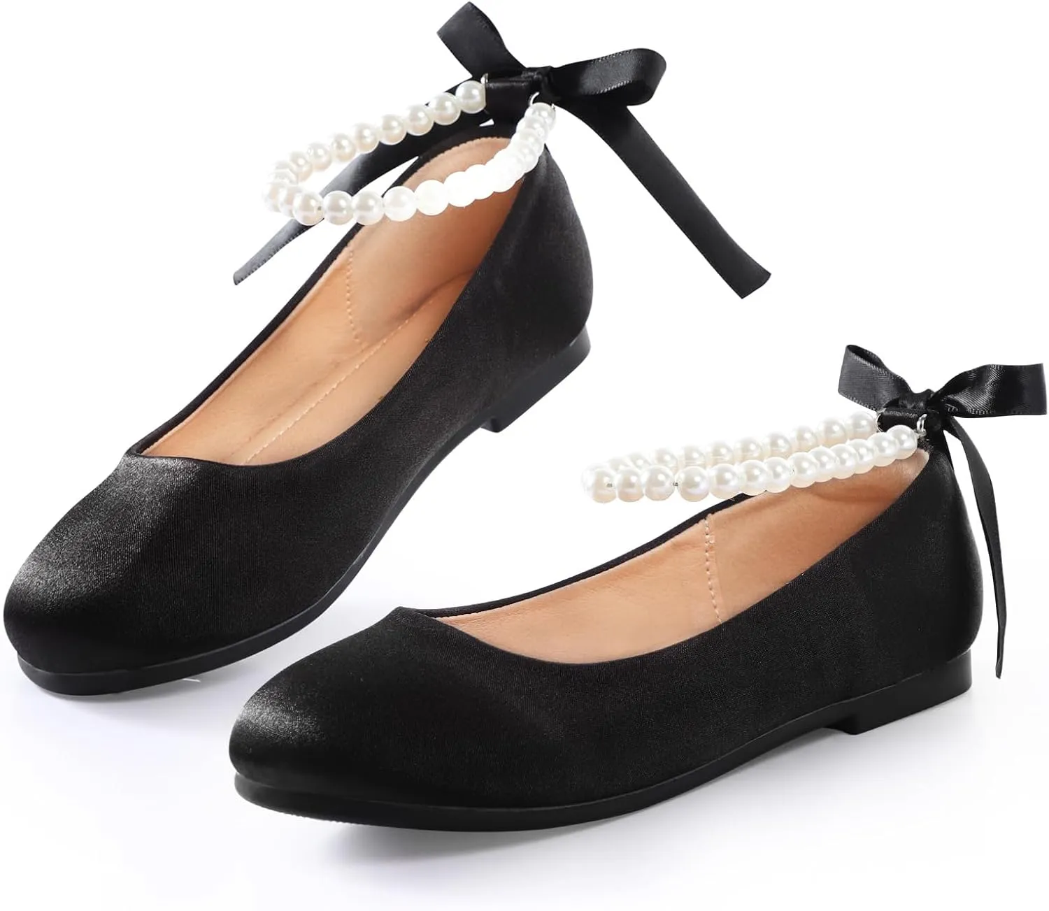 Toddler Girls Dress Shoes Flower Girls Kids Mary Jane Ballet Flats Pearls Bow Strap Wedding Party Communion Princess Shoes(Black Silk,Little Kid 1)
