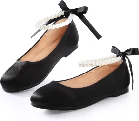 Toddler Girls Dress Shoes Flower Girls Kids Mary Jane Ballet Flats Pearls Bow Strap Wedding Party Communion Princess Shoes(Black Silk,Little Kid 1)