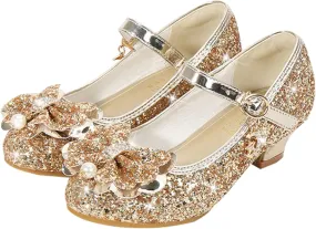 Toddler Girls Sparkly Shoes Low Heels Dress Up Glitter Bowknot Kids Buckle Mary Jane Sandals Wedding